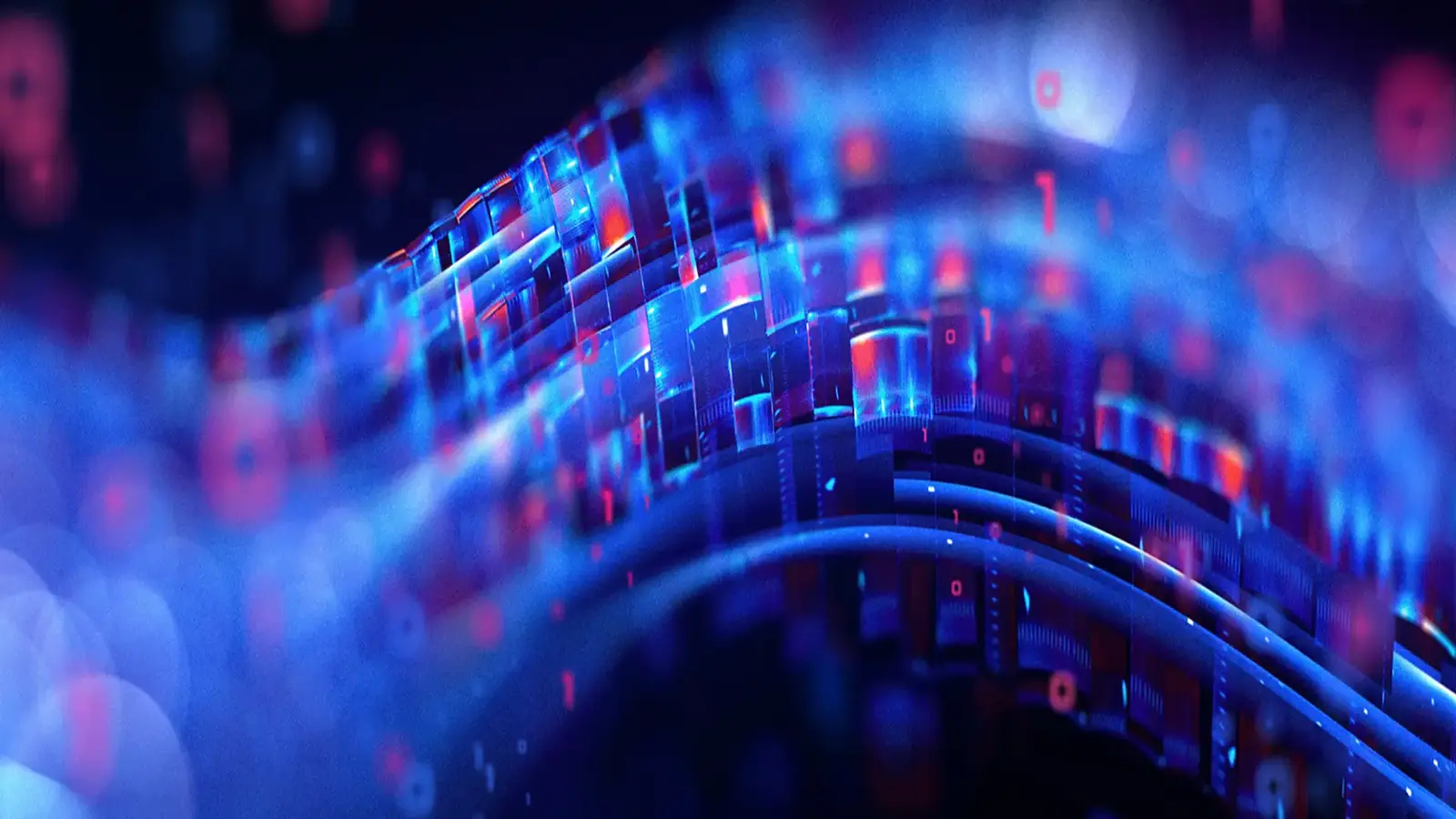 leuchtend blaue Datenstränge vor schwarzem Hintergrund